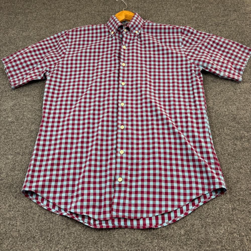 Peter Millar Button Down Mens Medium Burgundy Blue Gingham Short Sleeve Shirt